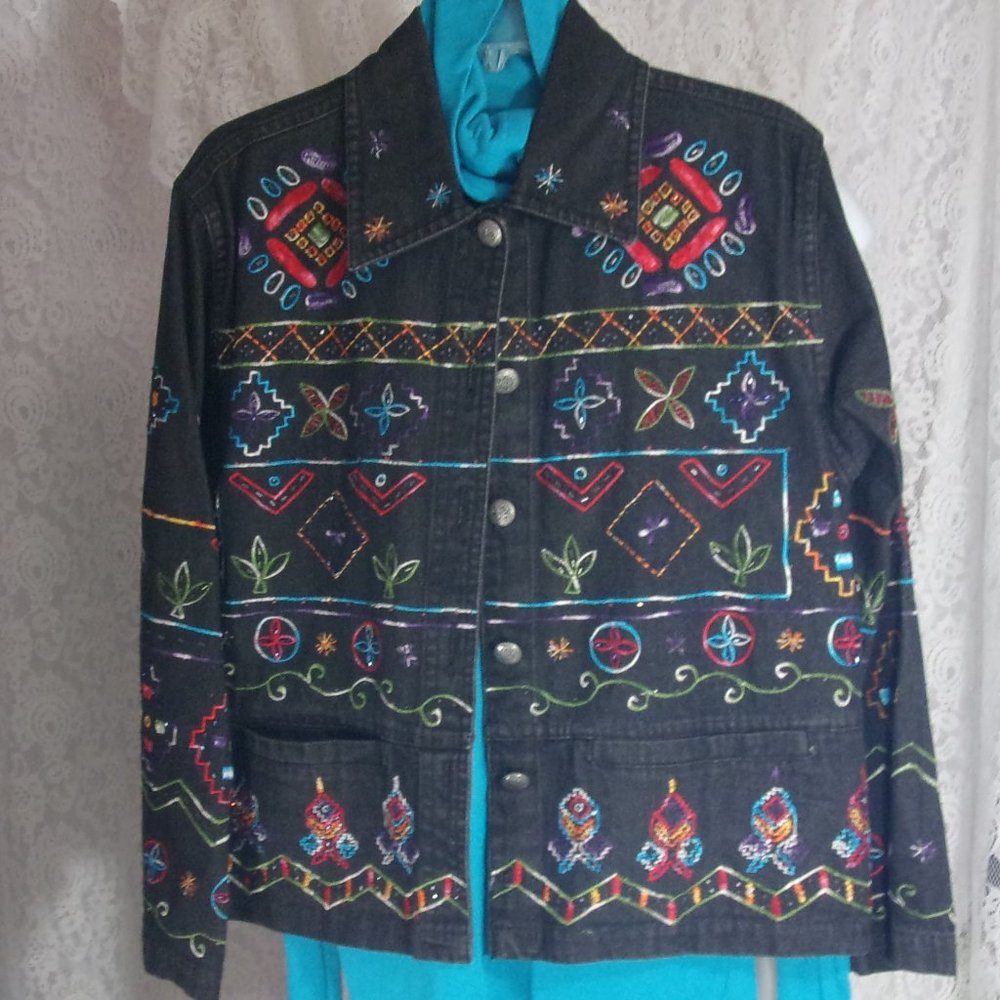 New Direction Black Denim Jacket with Embroidery and Bling Size M NWOT
